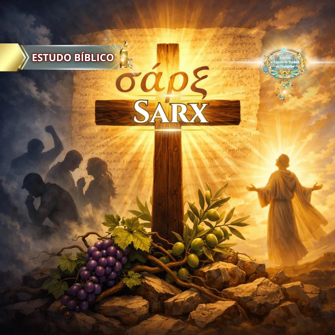 Imagem bíblica da cruz representando a crucificação da carne (sarx) pelo amor ágape, com contraste entre escravidão do pecado e liberdade em Cristo Jesus, segundo Gálatas 5:24 – Deus e Nós Igreja Online