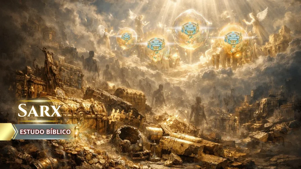 Ilustração bíblica da disciplina de Deus mostrando contraste entre riquezas terrenas em ruínas e a glória celestial, representando a correção do Pai dos espíritos e a transformação espiritual além da carne (sarx).