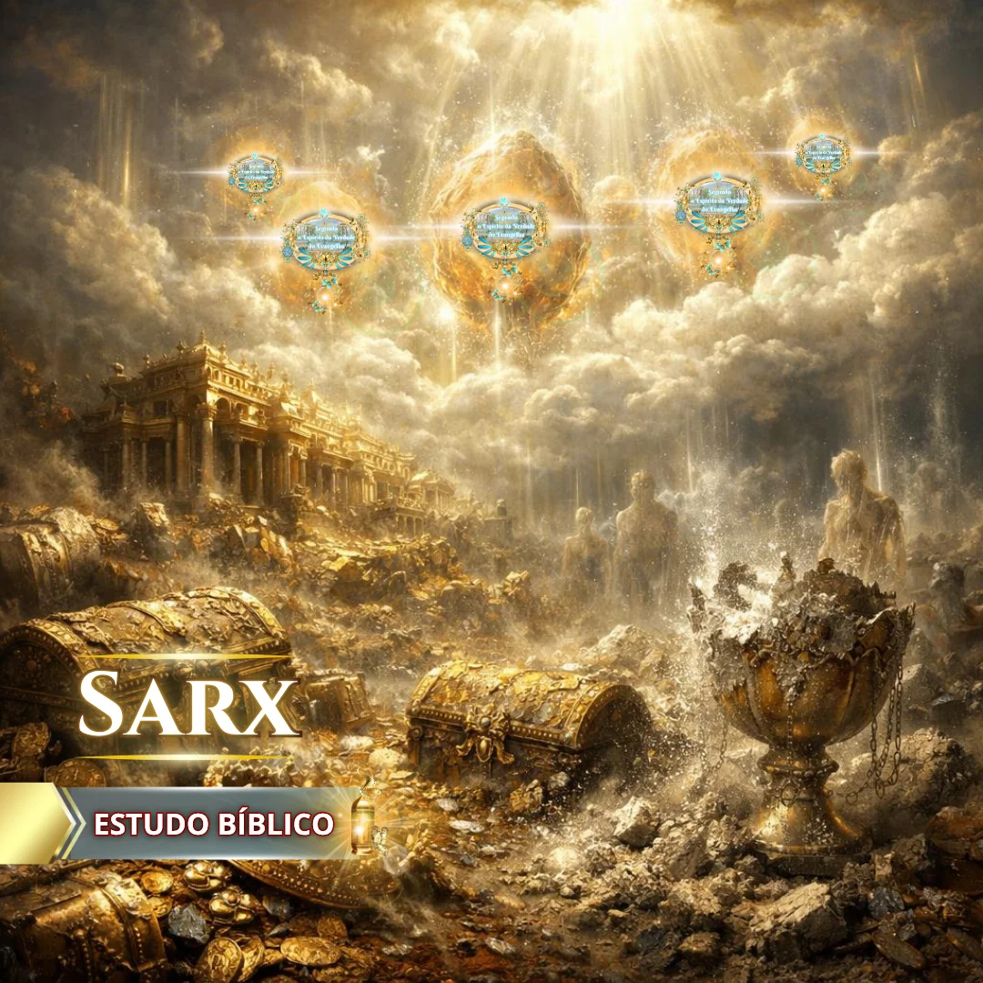 Ilustração bíblica da disciplina de Deus mostrando contraste entre riquezas terrenas em ruínas e a glória celestial, representando a correção do Pai dos espíritos e a transformação espiritual além da carne (sarx).