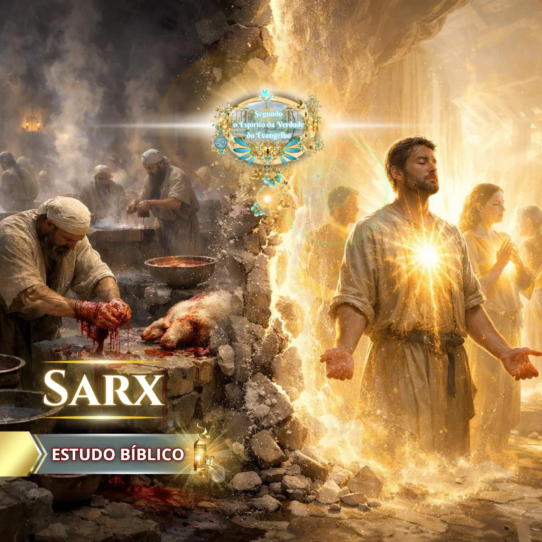 Ilustração bíblica da transição entre a antiga aliança com sacrifícios de sangue e a nova aliança em Cristo, destacando a transformação espiritual e o significado de sarx na salvação.