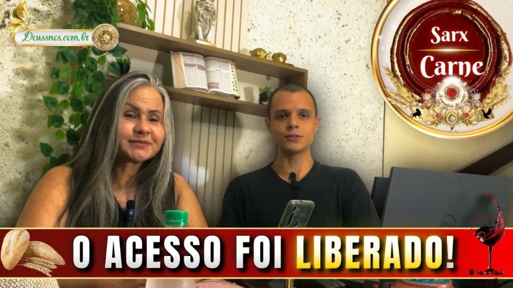 Estudo bíblico sobre sarx (carne) mostrando a pastora Sandra Ribeiro e o irmão Vinícius explicando como vencer o pecado e viver no Espírito, destacando o acesso liberado ao Santo dos Santos pela nova aliança.