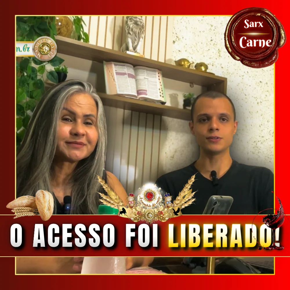 Estudo bíblico sobre sarx (carne) mostrando a pastora Sandra Ribeiro e o irmão Vinícius explicando como vencer o pecado e viver no Espírito, destacando o acesso liberado ao Santo dos Santos pela nova aliança.