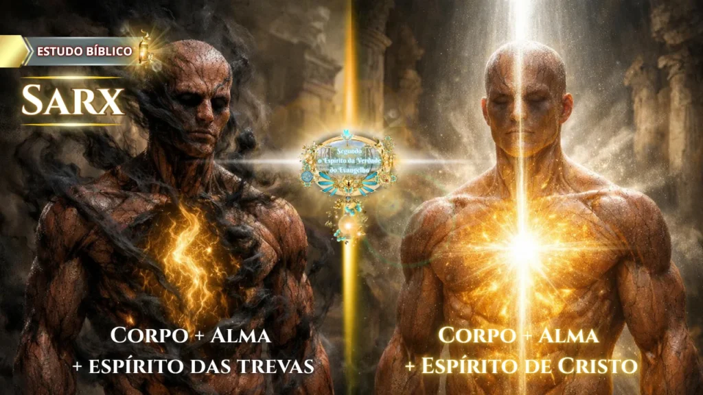 Ilustração bíblica comparando a natureza humana segundo o conceito de sarx, mostrando corpo e alma dominados pelo espírito das trevas versus corpo e alma guiados pelo Espírito de Cristo em um estudo bíblico visual.