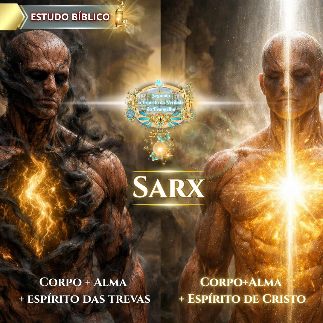 Ilustração bíblica comparando a natureza humana segundo o conceito de sarx, mostrando corpo e alma dominados pelo espírito das trevas versus corpo e alma guiados pelo Espírito de Cristo em um estudo bíblico visual.