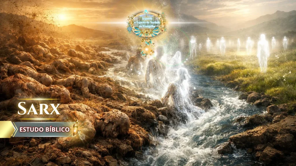 Ilustração bíblica de pessoas saindo da água e se transformando em seres de luz, representando Jesus morto na carne e vivo no Espírito segundo 1 Pedro 3:18 e a transformação espiritual do cristão.