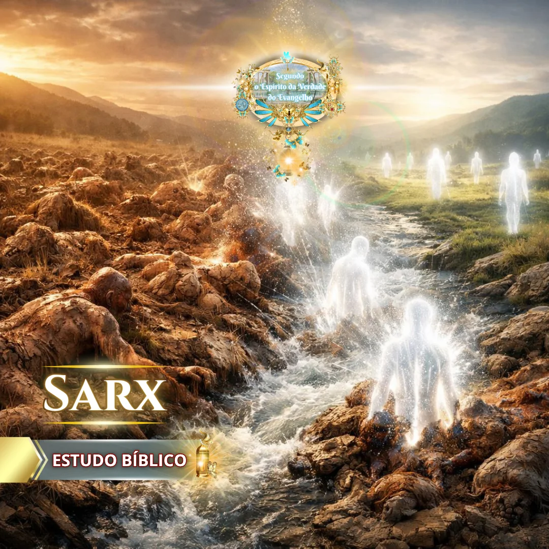 Ilustração bíblica de pessoas saindo da água e se transformando em seres de luz, representando Jesus morto na carne e vivo no Espírito segundo 1 Pedro 3:18 e a transformação espiritual do cristão.