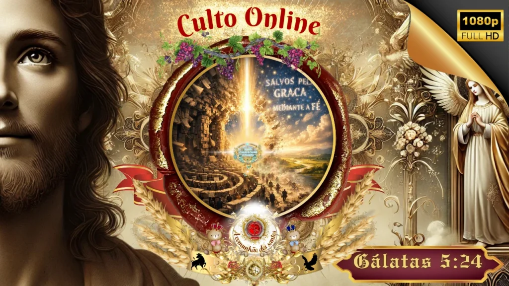 Culto online cristão sobre Gálatas 5:24 ensinando que os que pertencem a Cristo crucificaram a carne com suas paixões e desejos