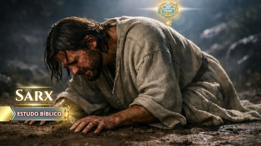 Ilustração de Jesus em profunda oração e angústia no Getsêmani, representando a natureza humana (sarx) de Cristo e o sofrimento da sua alma diante da vontade de Deus.