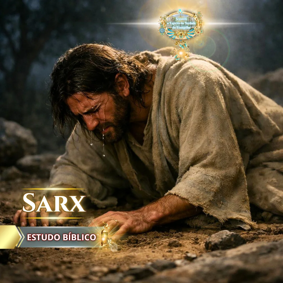 Ilustração de Jesus em profunda oração e angústia no Getsêmani, representando a natureza humana (sarx) de Cristo e o sofrimento da sua alma diante da vontade de Deus.