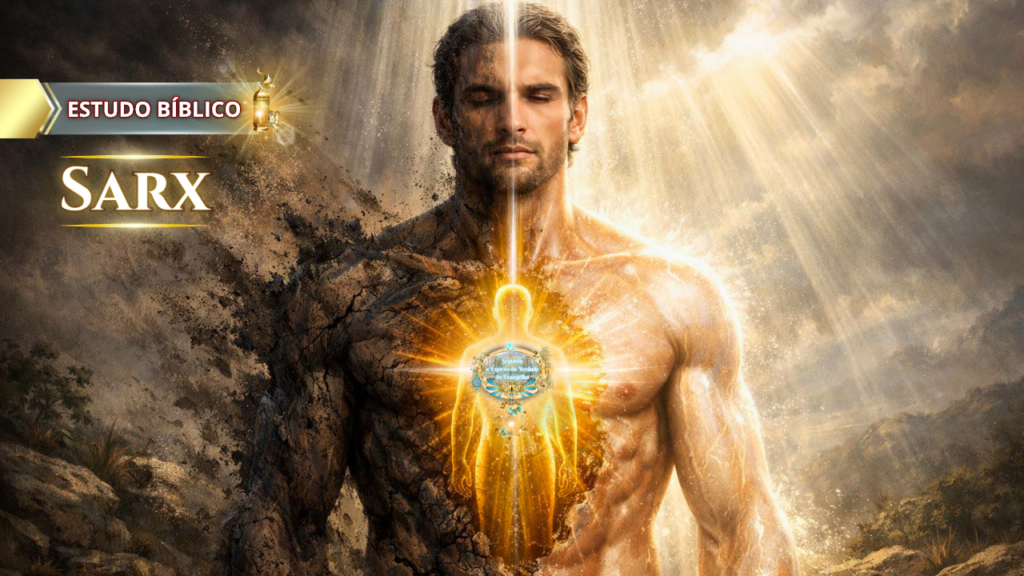 Ilustração bíblica da transformação espiritual do homem, mostrando a dualidade entre a natureza carnal (sarx) e a nova natureza em Cristo, com luz divina representando o Espírito de Deus habitando no interior.