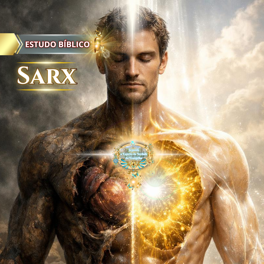 Ilustração bíblica da transformação espiritual do homem, mostrando a dualidade entre a natureza carnal (sarx) e a nova natureza em Cristo, com luz divina representando o Espírito de Deus habitando no interior.