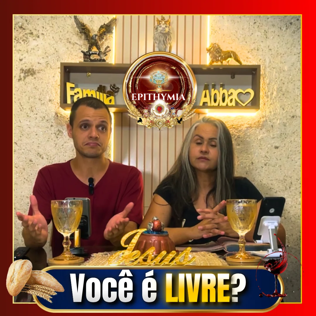 Casal cristão, pastora Sandra Ribeiro e irmão Vinícius, em estudo bíblico com pão e vinho sobre a mesa refletindo sobre liberdade espiritual em Cristo e Epithymia, os desejos da carne