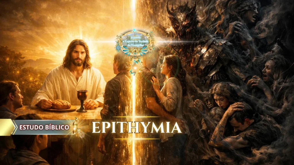 Jesus Cristo à mesa com pão e vinho simbolizando comunhão e salvação, contrastando com o pecado e a corrupção humana representados por forças sombrias, em estudo bíblico sobre Epithymia (desejos da carne)