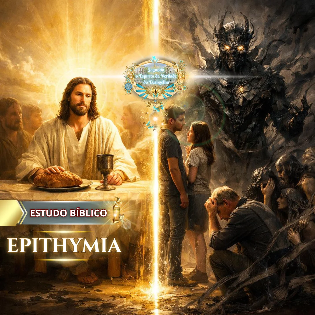 Jesus Cristo à mesa com pão e vinho simbolizando comunhão e salvação, contrastando com o pecado e a corrupção humana representados por forças sombrias, em estudo bíblico sobre Epithymia (desejos da carne)