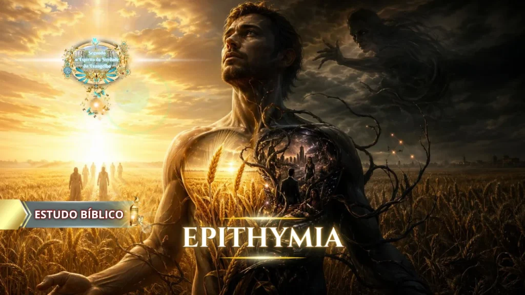 Homem dividido entre luz e trevas em um campo de trigo, representando Epithymia na Bíblia, o conflito entre desejos da carne e a vontade de Deus em estudo bíblico cristão