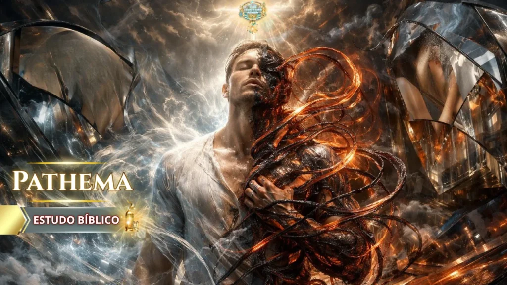 Estudo bíblico Pathēma mostrando conflito entre carne e Espírito no homem, com luz divina e forças sombrias simbolizando luta espiritual e transformação em Cristo