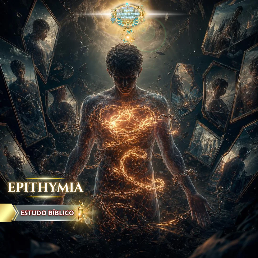Homem preso por correntes espirituais em ambiente escuro com espelhos quebrados, representando Epithymia na Bíblia, os desejos da carne e a escravidão do pecado em estudo bíblico cristão