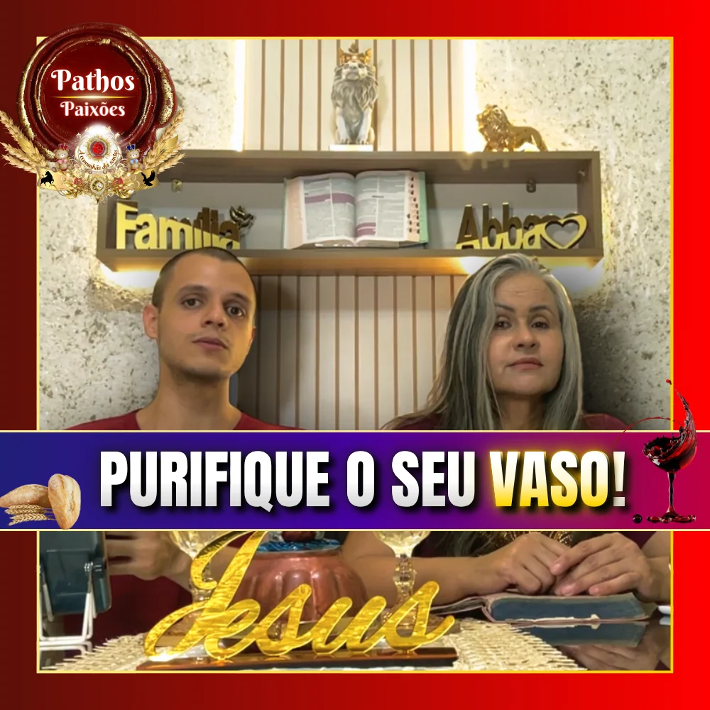 Estudo bíblico Pathos Paixões com a pastora Sandra Ribeiro e o irmão Vinícius ensinando sobre purificação espiritual e controle dos desejos da carne, com símbolos da ceia do Senhor Jesus como pão e vinho.