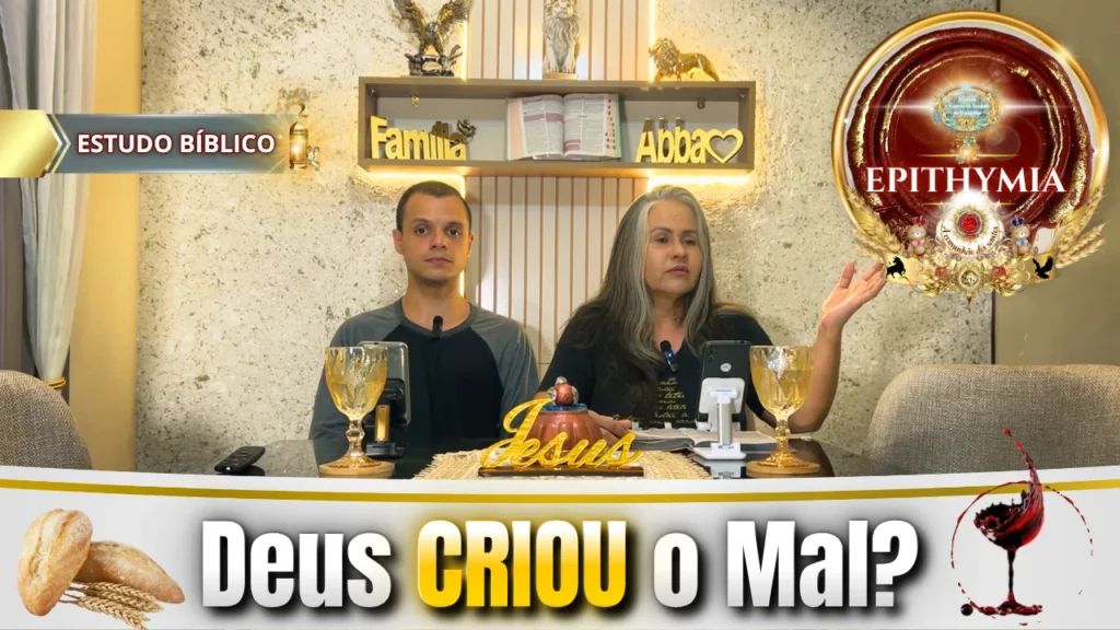 Casal cristão em estudo bíblico com pão e vinho refletindo sobre se Deus criou o mal, tema de Epithymia, pecado e natureza humana à luz da Bíblia
