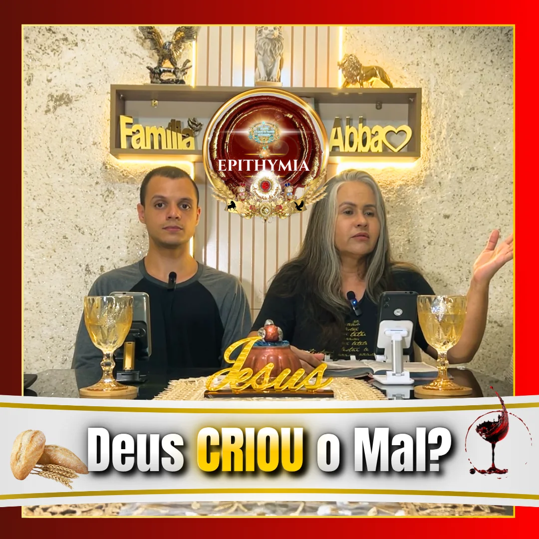 Casal cristão em estudo bíblico com pão e vinho refletindo sobre se Deus criou o mal, tema de Epithymia, pecado e natureza humana à luz da Bíblia