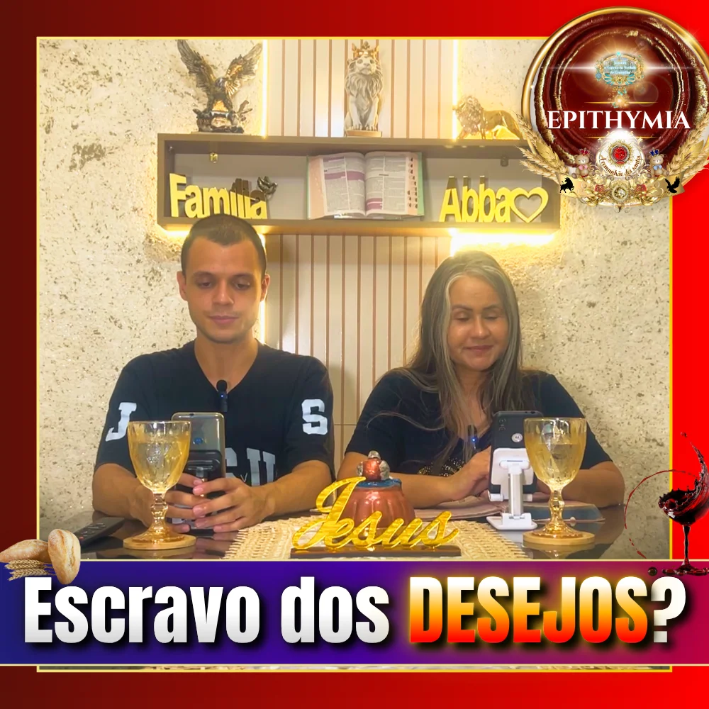 Casal cristão realizando estudo bíblico sobre Epithymia com pão e vinho sobre a mesa, refletindo sobre escravidão dos desejos da carne e comunhão dos santos no Senhor Jesus Cristo.