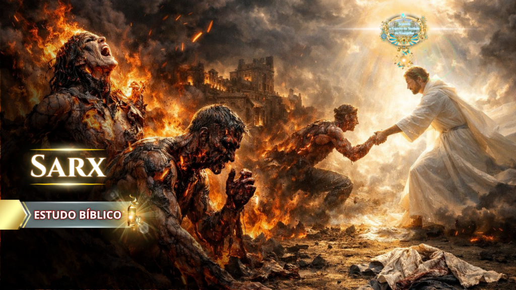 Ilustração bíblica de um homem sendo consumido pela carne (sarx) em meio ao fogo enquanto Jesus o resgata, representando a luta contra o pecado e a libertação espiritual em Cristo.