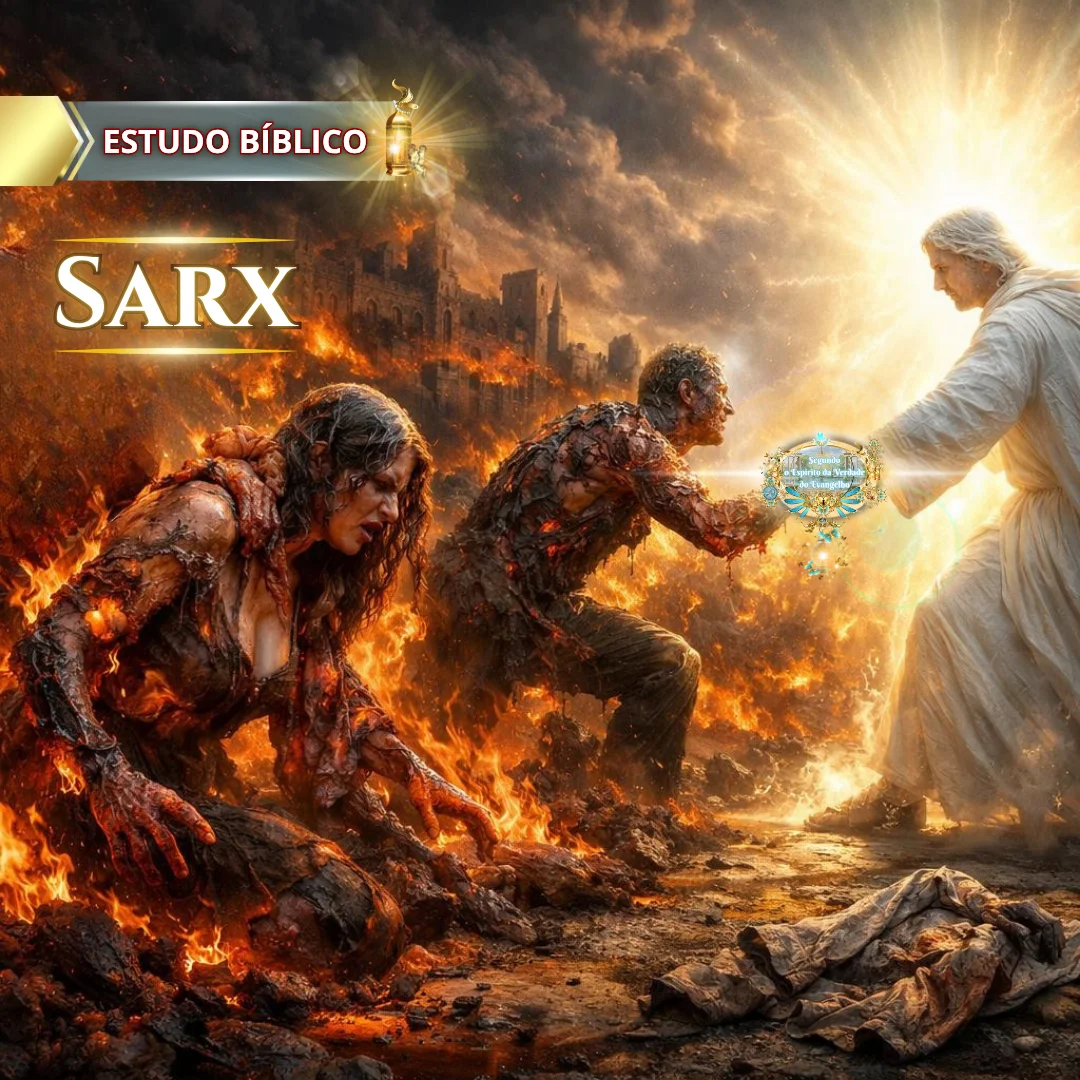 Ilustração bíblica de um homem sendo consumido pela carne (sarx) em meio ao fogo enquanto Jesus o resgata, representando a luta contra o pecado e a libertação espiritual em Cristo.