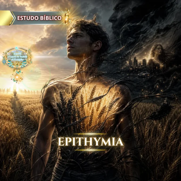 Homem dividido entre luz e trevas em um campo de trigo, representando Epithymia na Bíblia, o conflito entre desejos da carne e a vontade de Deus em estudo bíblico cristão
