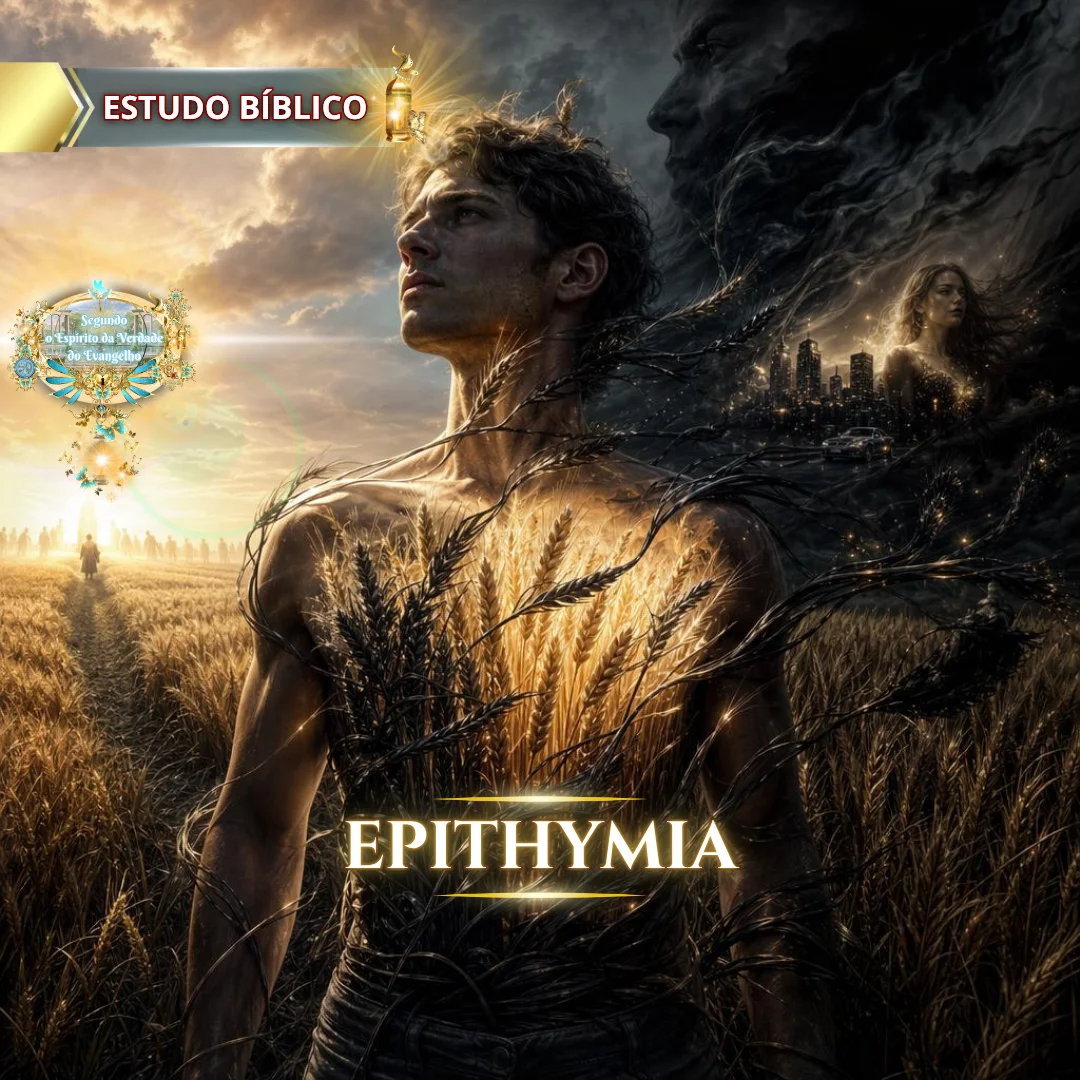 Homem dividido entre luz e trevas em um campo de trigo, representando Epithymia na Bíblia, o conflito entre desejos da carne e a vontade de Deus em estudo bíblico cristão