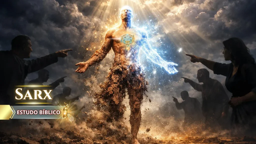 Ilustração bíblica de transformação espiritual mostrando a carne (sarx) se desfazendo e o espírito sendo vivificado, relacionada ao ensino de que o evangelho foi pregado até aos mortos segundo 1 Pedro 4:6.