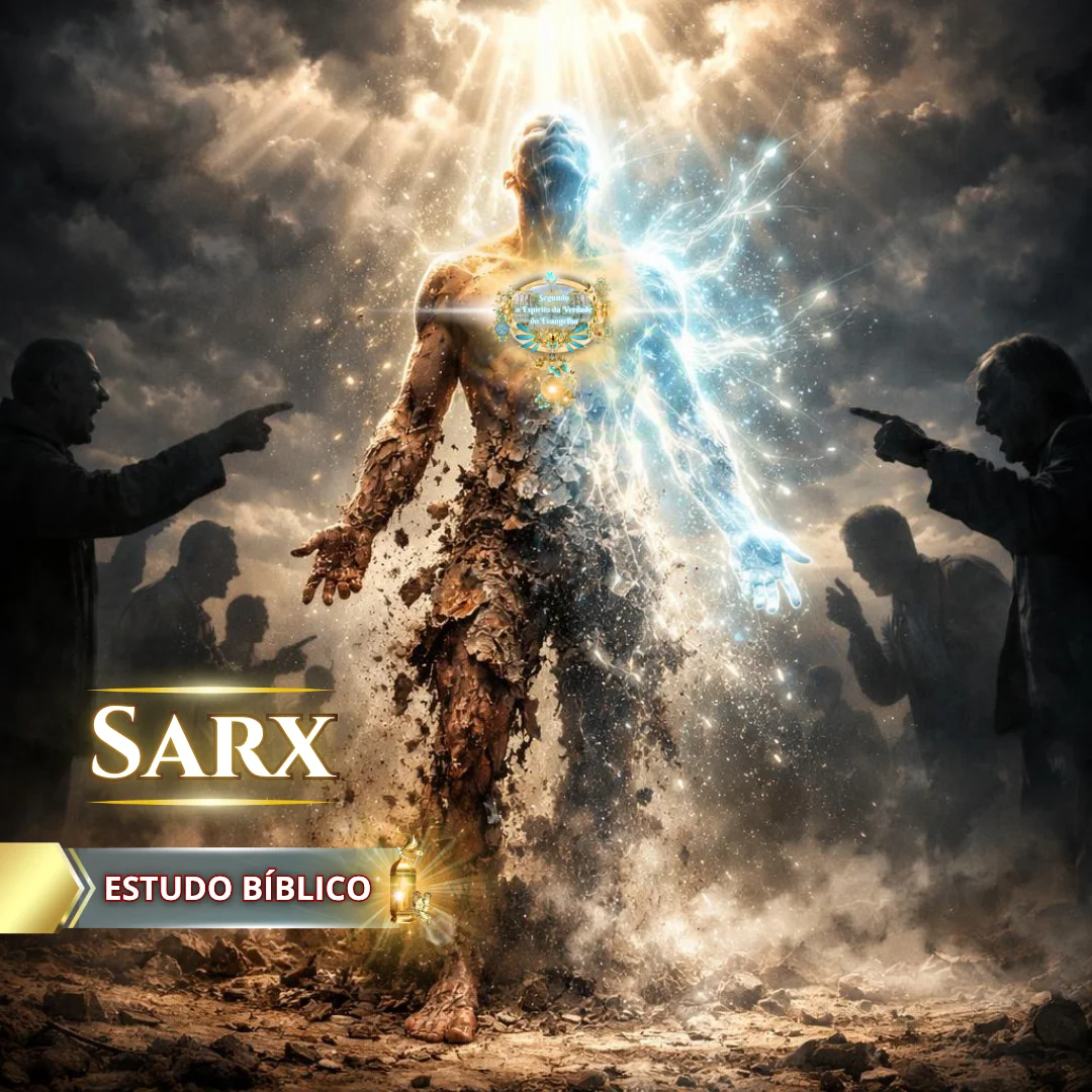 Ilustração bíblica de transformação espiritual mostrando a carne (sarx) se desfazendo e o espírito sendo vivificado, relacionada ao ensino de que o evangelho foi pregado até aos mortos segundo 1 Pedro 4:6.