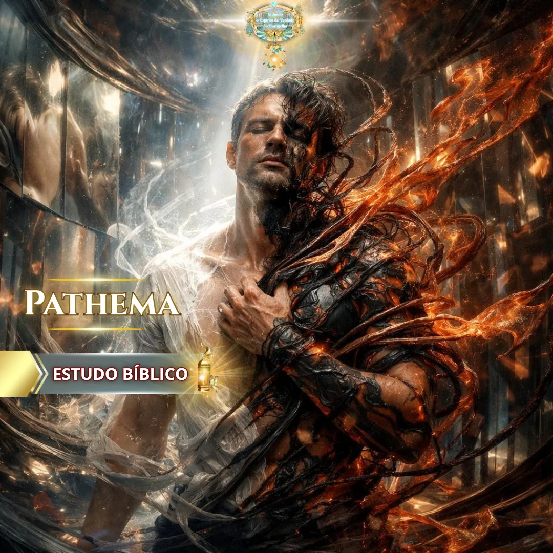 Estudo bíblico Pathēma mostrando conflito entre carne e Espírito no homem, com luz divina e forças sombrias simbolizando luta espiritual e transformação em Cristo