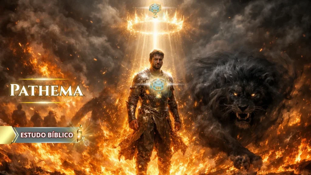 Estudo bíblico Pathēma com homem enfrentando besta em meio ao fogo sendo fortalecido pela luz de Cristo, simbolizando batalha espiritual, sofrimento e vitória em Deus
