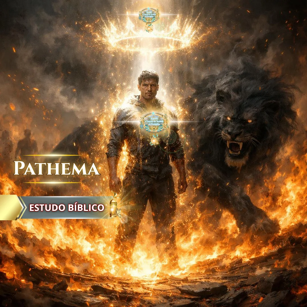 Estudo bíblico Pathēma com homem enfrentando besta em meio ao fogo sendo fortalecido pela luz de Cristo, simbolizando batalha espiritual, sofrimento e vitória em Deus