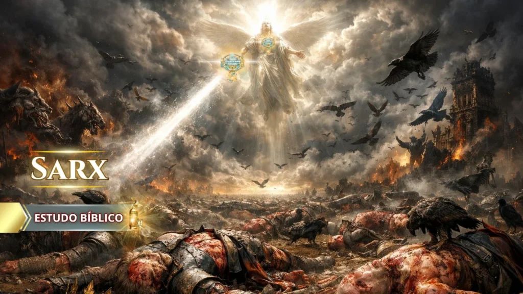 Ilustração bíblica do juízo final com a queda da Babilônia, mostrando destruição da carne (sarx) e manifestação da glória celestial, conforme as profecias do Apocalipse.