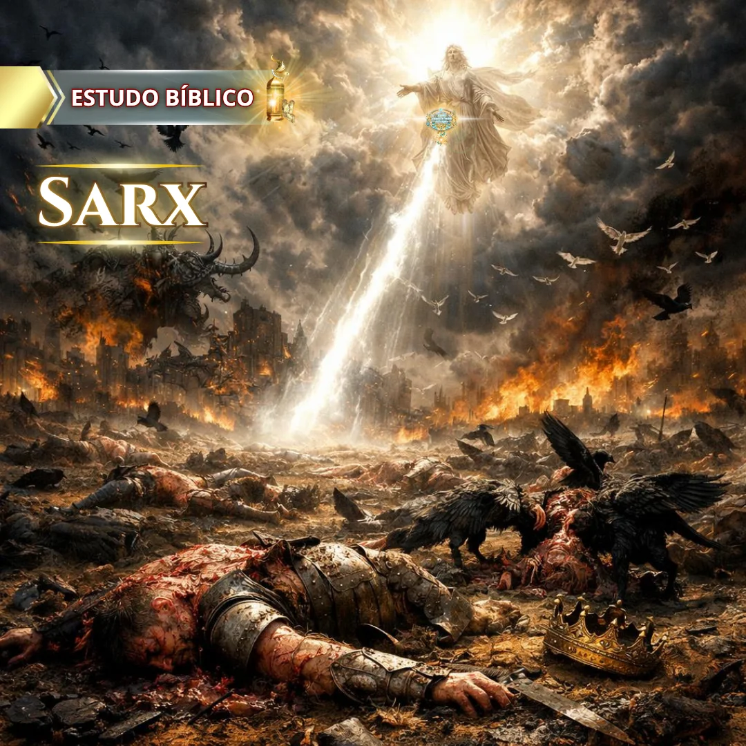Ilustração bíblica do juízo final com a queda da Babilônia, mostrando destruição da carne (sarx) e manifestação da glória celestial, conforme as profecias do Apocalipse.