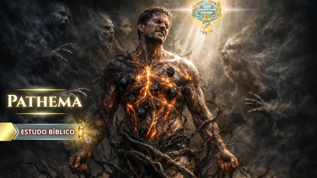 Ilustração bíblica de um homem sendo consumido por paixões pecaminosas (pathema), representando o conflito interior descrito em Romanos 7 entre a natureza humana e o desejo de fazer o bem.