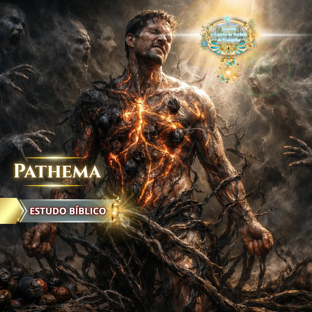 Ilustração bíblica de um homem sendo consumido por paixões pecaminosas (pathema), representando o conflito interior descrito em Romanos 7 entre a natureza humana e o desejo de fazer o bem.