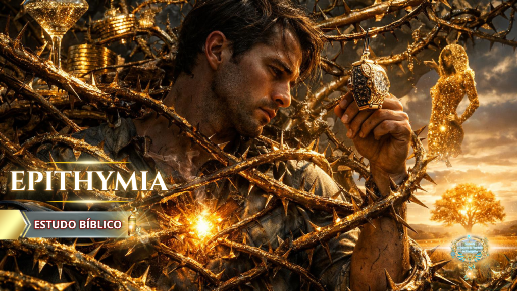 Estudo bíblico Epithymia mostrando homem preso por espinhos dourados simbolizando cobiça, riquezas e desejos da carne que sufocam a fé