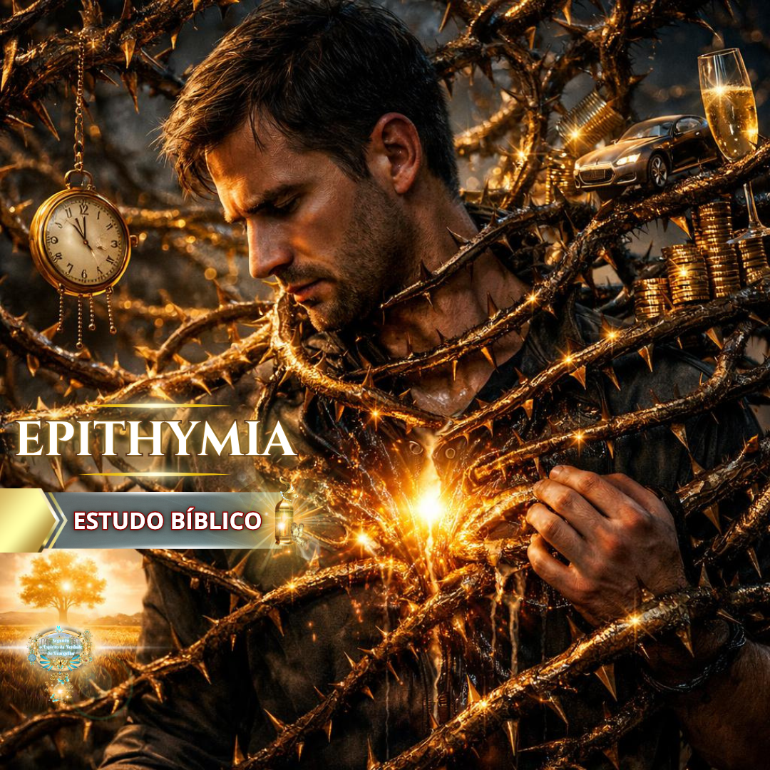 Estudo bíblico Epithymia mostrando homem preso por espinhos dourados simbolizando cobiça, riquezas e desejos da carne que sufocam a fé