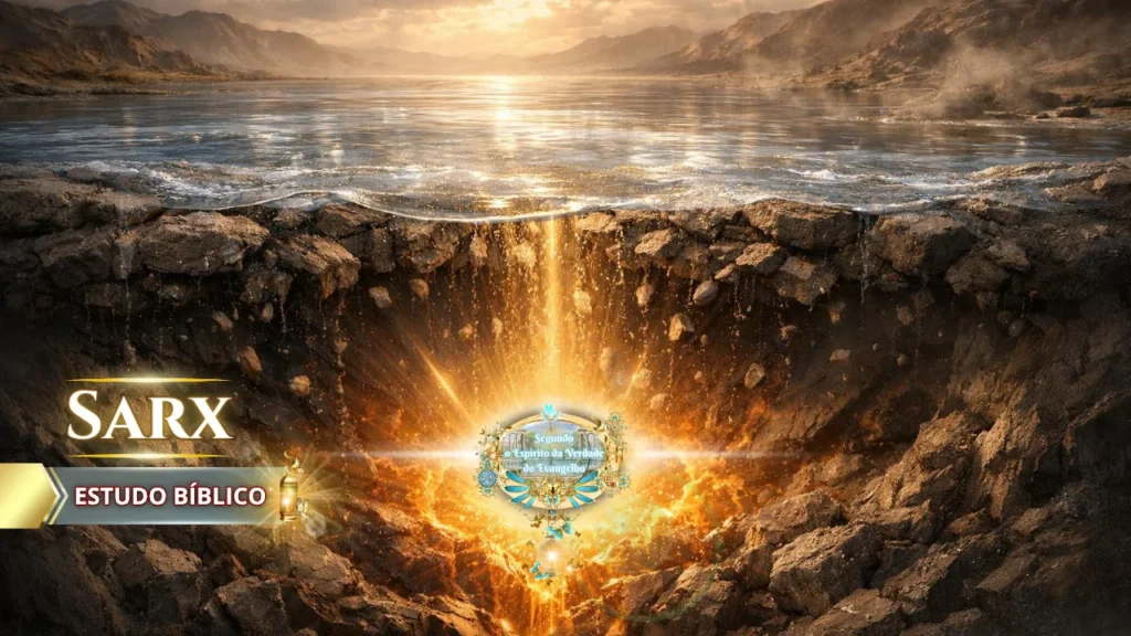 Ilustração bíblica de água sobre a terra e luz divina surgindo das profundezas, representando o verdadeiro significado do batismo segundo 1 Pedro 3:21, não como remoção da carne (sarx), mas como uma boa consciência diante de Deus. O novo nascimento.