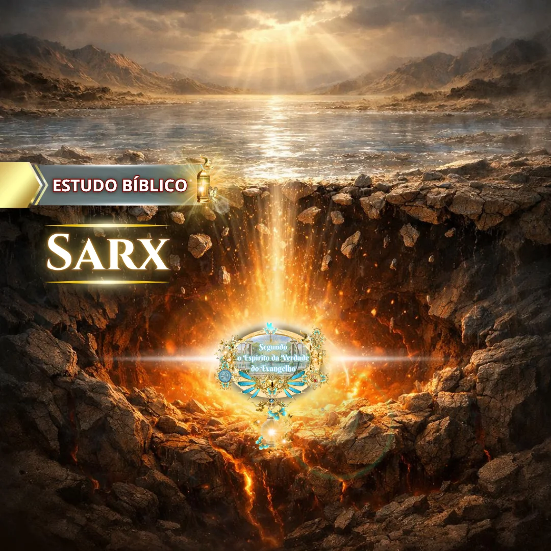 Ilustração bíblica de água sobre a terra e luz divina surgindo das profundezas, representando o verdadeiro significado do batismo segundo 1 Pedro 3:21, não como remoção da carne (sarx), mas como uma boa consciência diante de Deus. O novo nascimento.