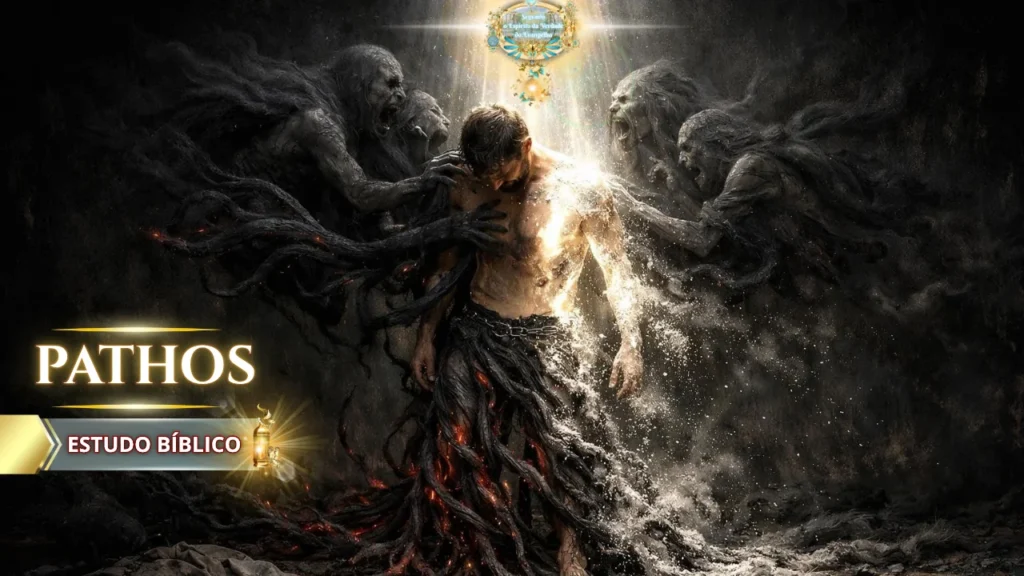 Estudo bíblico Pathos mostrando homem sendo atacado por forças sombrias enquanto luz divina o transforma, simbolizando libertação das paixões da carne e batalha espiritual