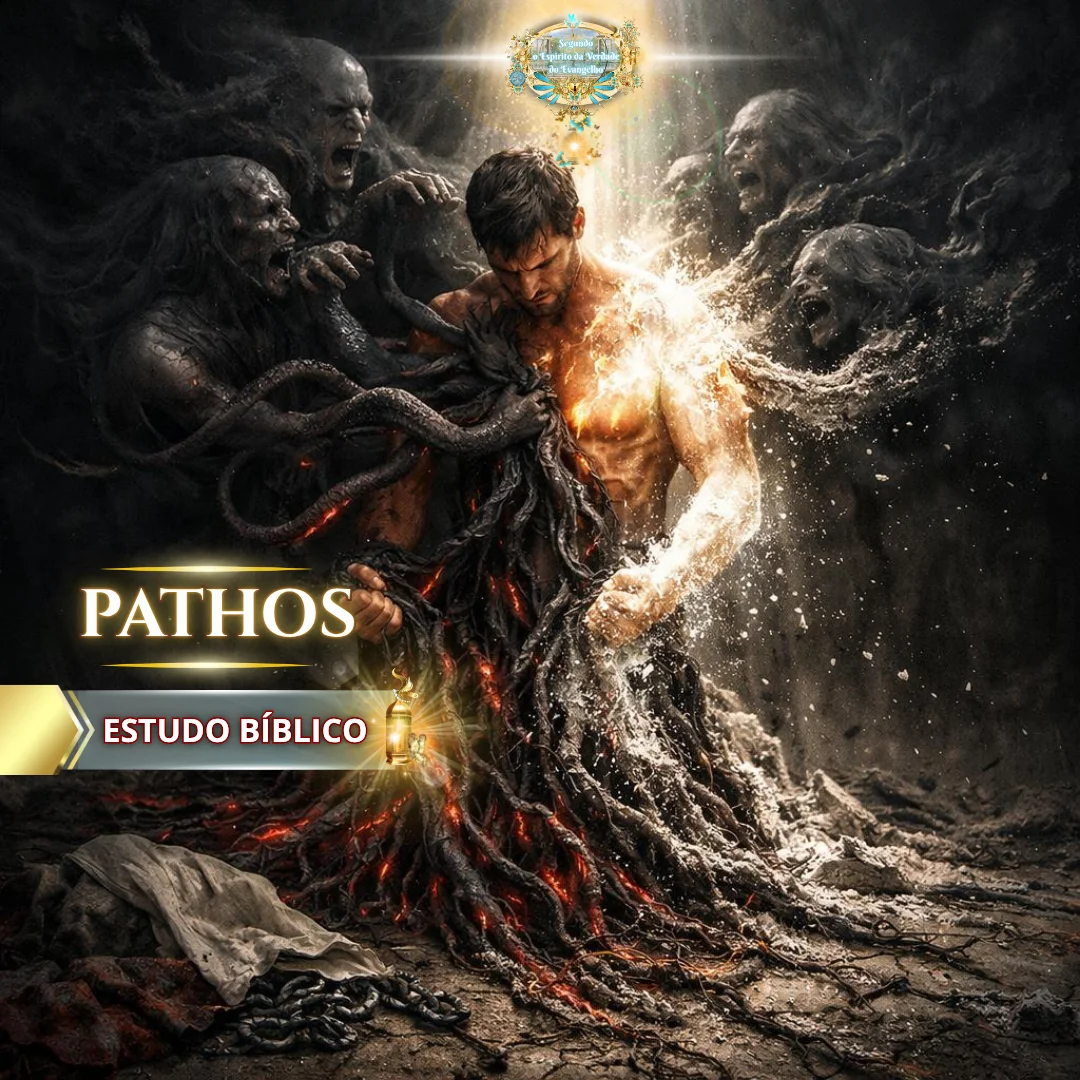 Estudo bíblico Pathos mostrando homem sendo atacado por forças sombrias enquanto luz divina o transforma, simbolizando libertação das paixões da carne e batalha espiritual