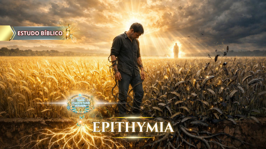 Jesus Cristo à mesa com pão e vinho simbolizando comunhão e salvação, contrastando com o pecado e a corrupção humana representados por forças sombrias, em estudo bíblico sobre Epithymia (desejos da carne)