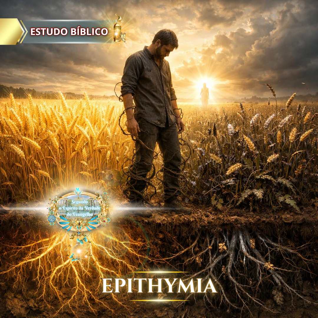 Jesus Cristo à mesa com pão e vinho simbolizando comunhão e salvação, contrastando com o pecado e a corrupção humana representados por forças sombrias, em estudo bíblico sobre Epithymia (desejos da carne)