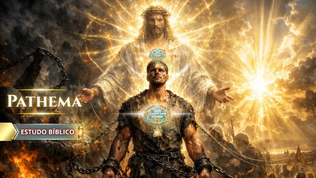 Estudo bíblico Pathēma com homem acorrentado sendo transformado pela luz de Jesus Cristo, simbolizando libertação espiritual, sofrimento e redenção