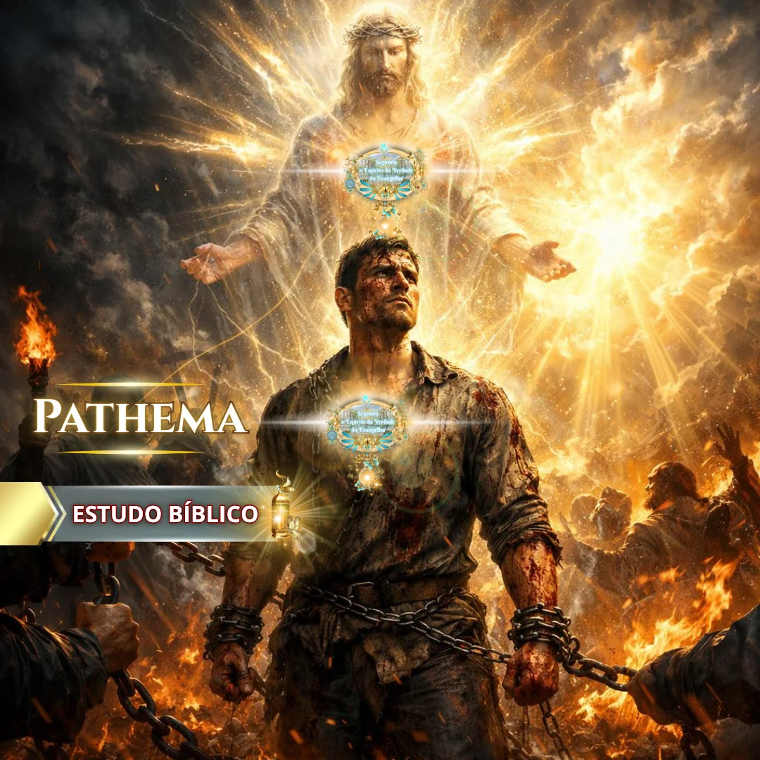 Estudo bíblico Pathēma com homem acorrentado sendo transformado pela luz de Jesus Cristo, simbolizando libertação espiritual, sofrimento e redenção