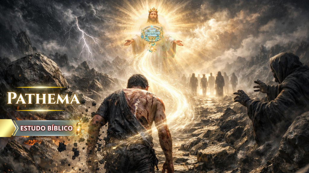 Estudo bíblico Pathēma mostrando homem caminhando em meio à tribulação em direção a Jesus Cristo glorificado, simbolizando transformação espiritual e vitória sobre a carne