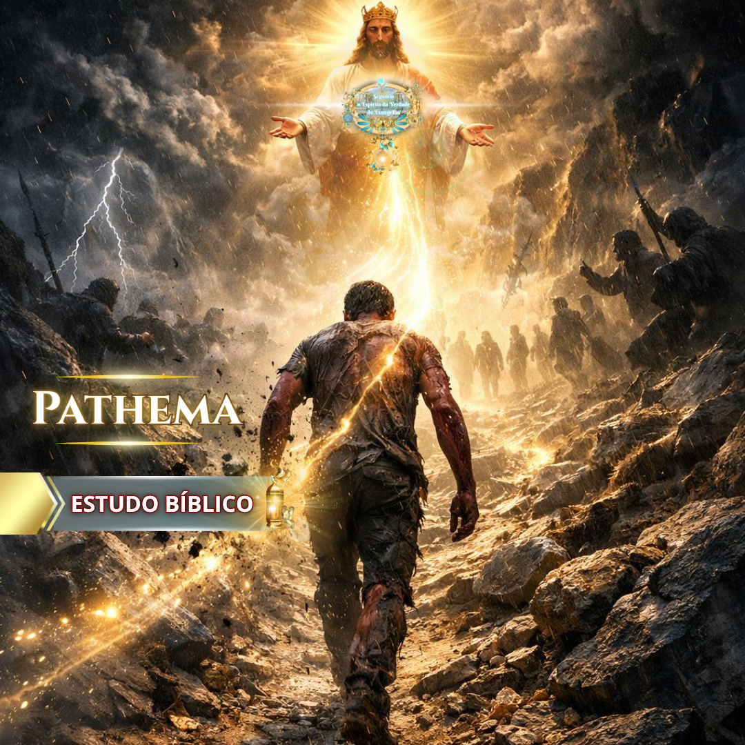 Estudo bíblico Pathēma mostrando homem caminhando em meio à tribulação em direção a Jesus Cristo glorificado, simbolizando transformação espiritual e vitória sobre a carne
